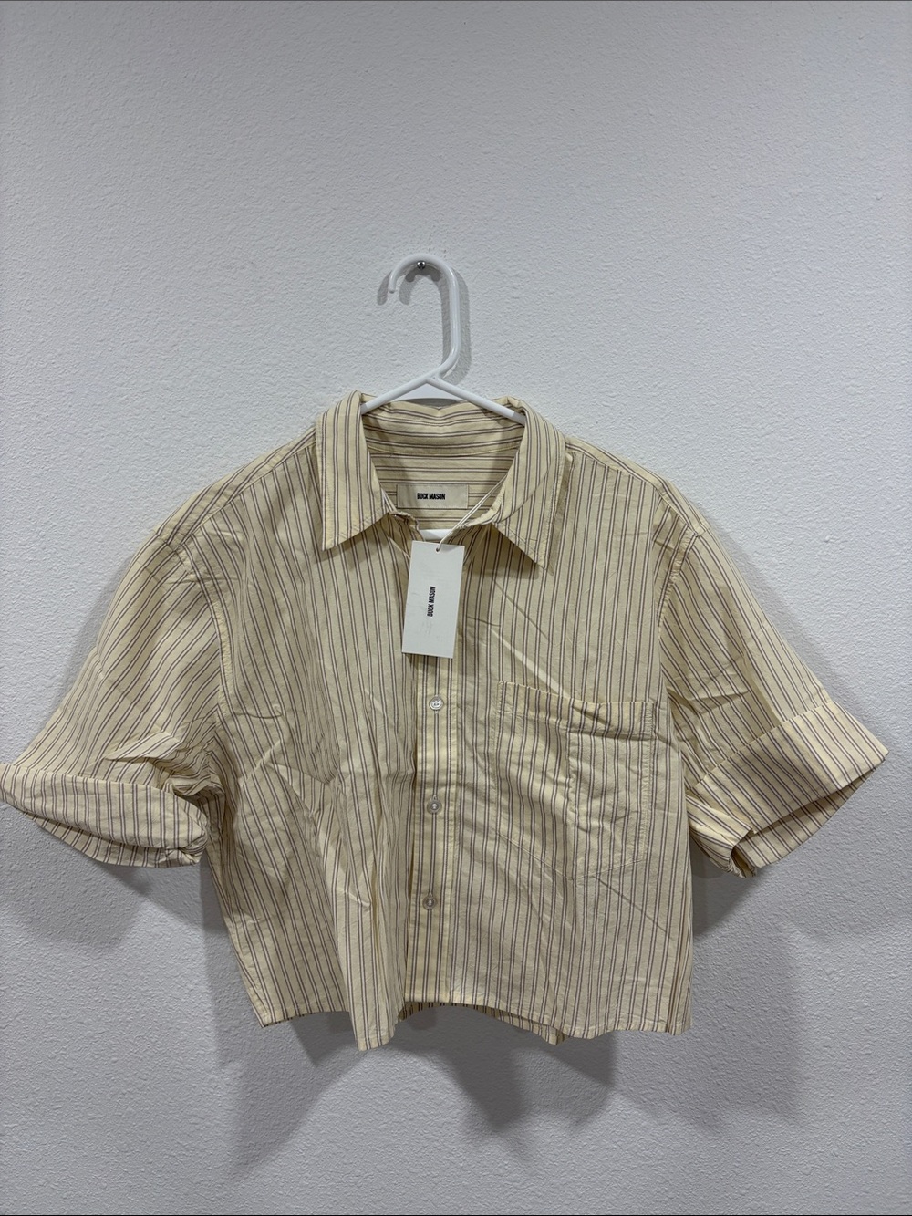 Buck Mason Winona Striped Cropped Button Up Shirt Faded Yellow NWT Medium